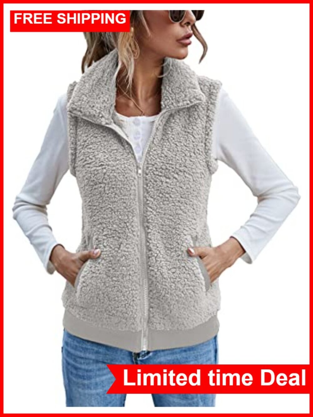 Fleece Vest Sleeveless Sherpa Zip Up Warm Fall Winter Layer